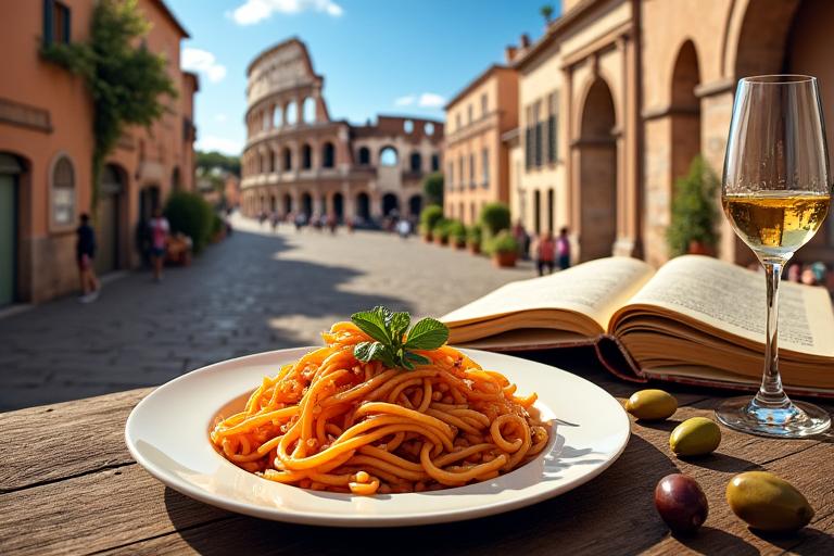 Immagine rappresentativa dell'arte, cibo e paesaggi italiani, come un piatto di pasta o il Colosseo