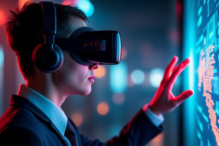 Immagine futuristica di una persona con visore VR che interagisce con un ambiente virtuale italiano