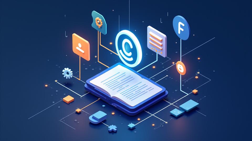 Illustrazione astratta di proprietà intellettuale, con icone di copyright e ingranaggi digitali.